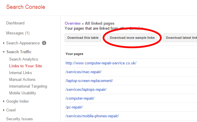 Search Console Backlinks Interface Google Search Console backlinks interface showing quality SEO services methodology for monitoring and downloading link data