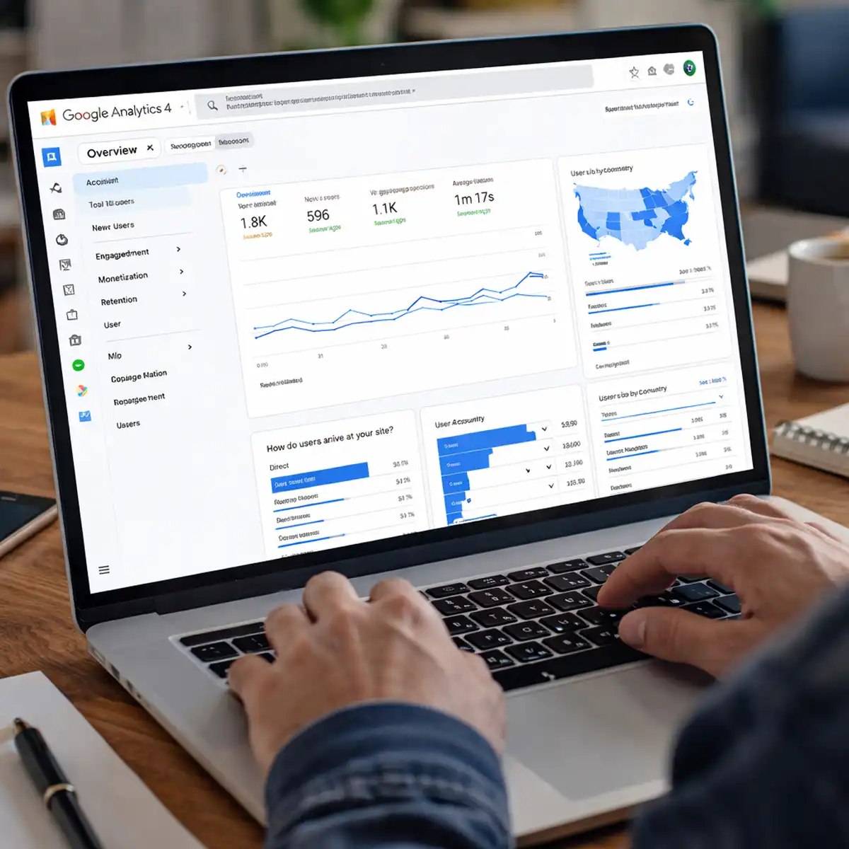 GA4 reports interface displaying landing page metrics and organic traffic data for SEO analysis and measurement