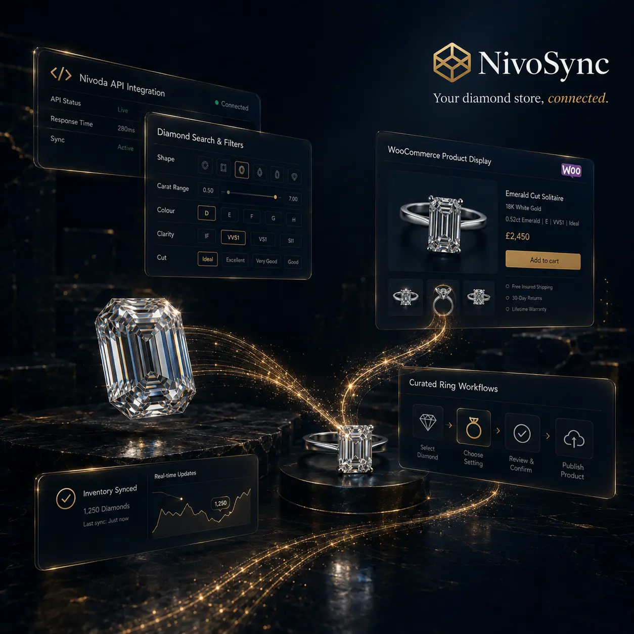 Nivoda API integration with WooCommerce Nivoda API integration panel showing live sync status beside a WooCommerce product display