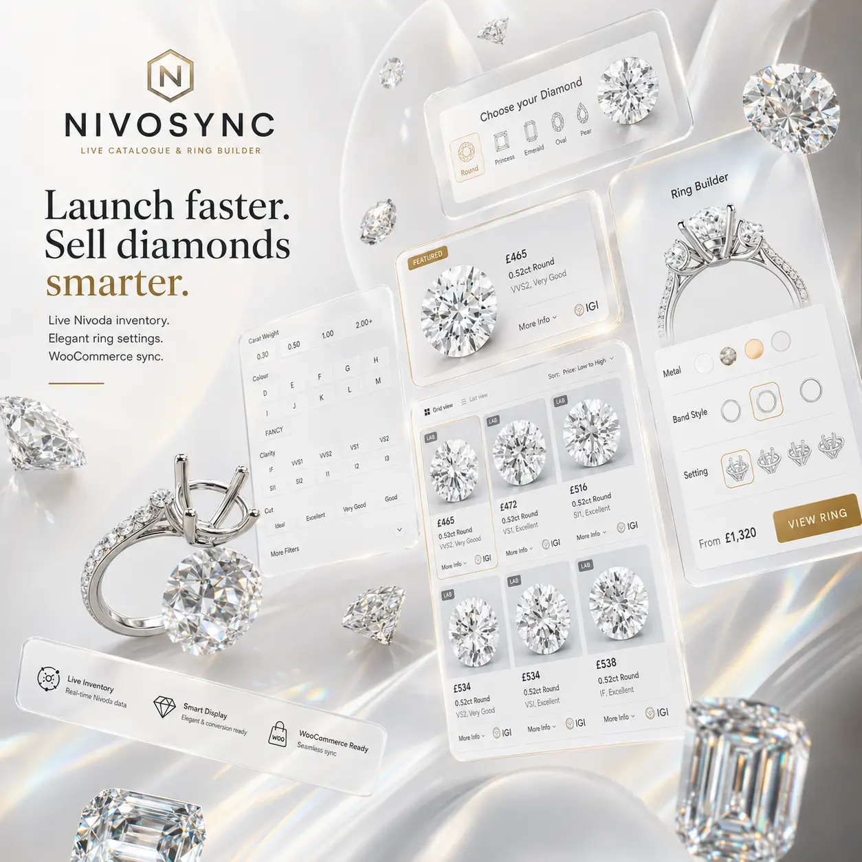 Ring builder panel offering metal, band style and setting options for an engagement ring